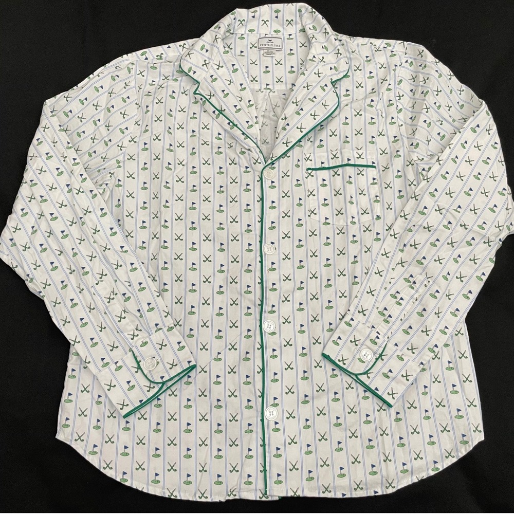 Petite Plume Golf Print Pajama Set Mens Large White Cotton Sleepwear PJs